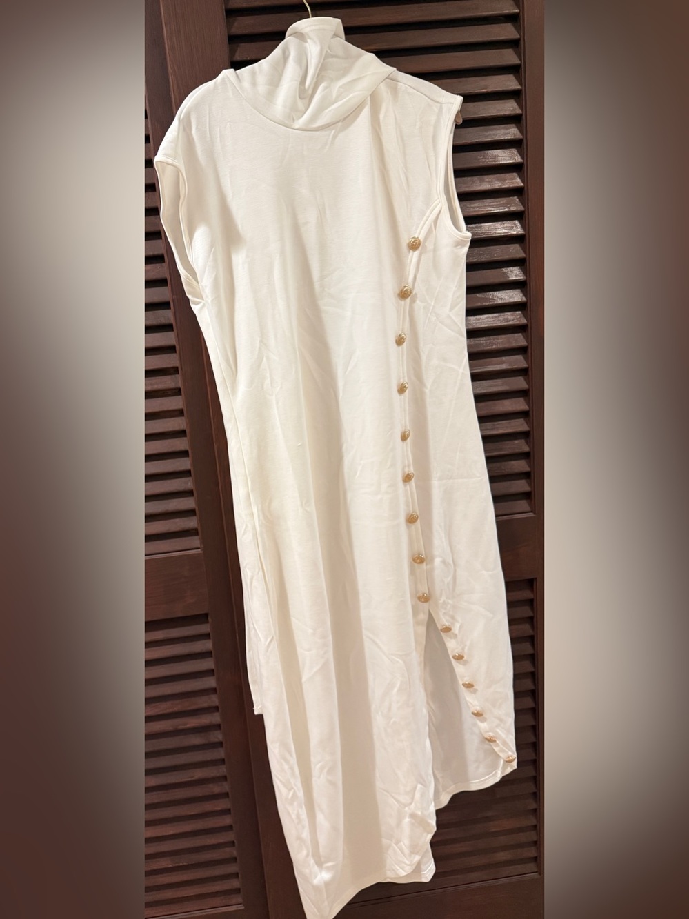 Asymmetrical Sleeveless Cream Maxi Dress with Side Button Detail